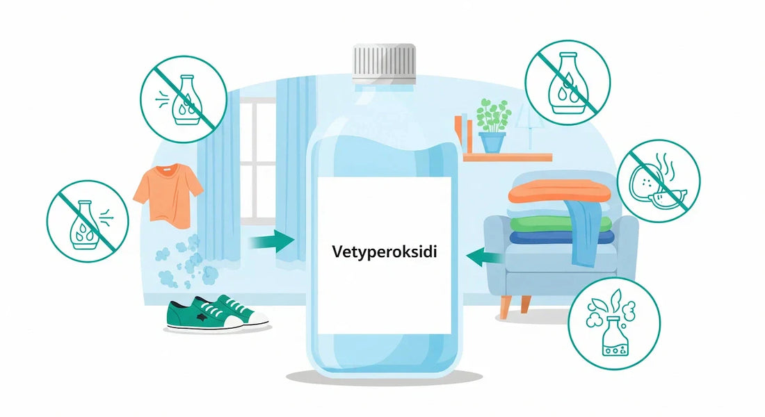 Kuvitus vetyperoksidipullosta suomalaisessa kodissa, jossa haisevat kengät ja vaatteet ovat raikastuneet.