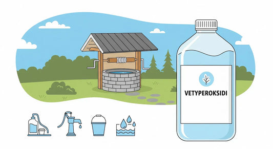 Kuva esittää suomalaisen kesämökin kaivon puhdistusta vetyperoksidilla. Edustalla on vetyperoksidipullo.