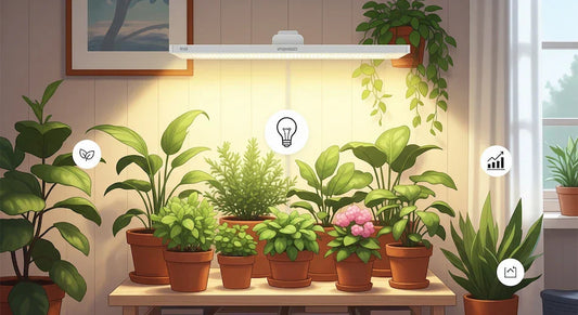 Kuva kasvilampusta, viherkasveista ja modernista suomalaisesta kodista.