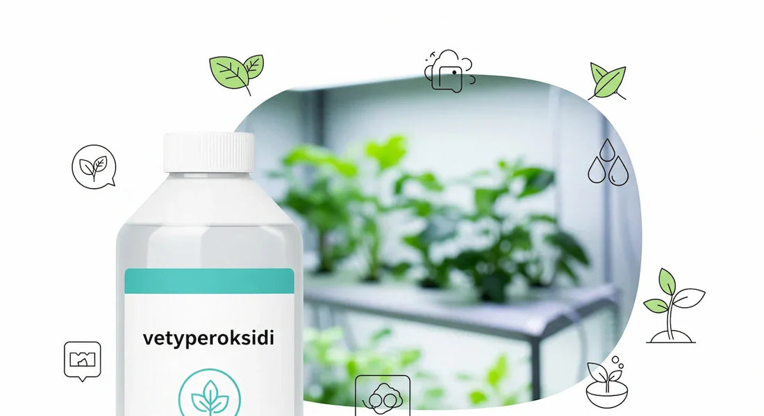 Kuvitus vetyperoksidista vesiviljelyssä. Kuvassa vetyperoksidipullo ja vesiviljelyjärjestelmä.
